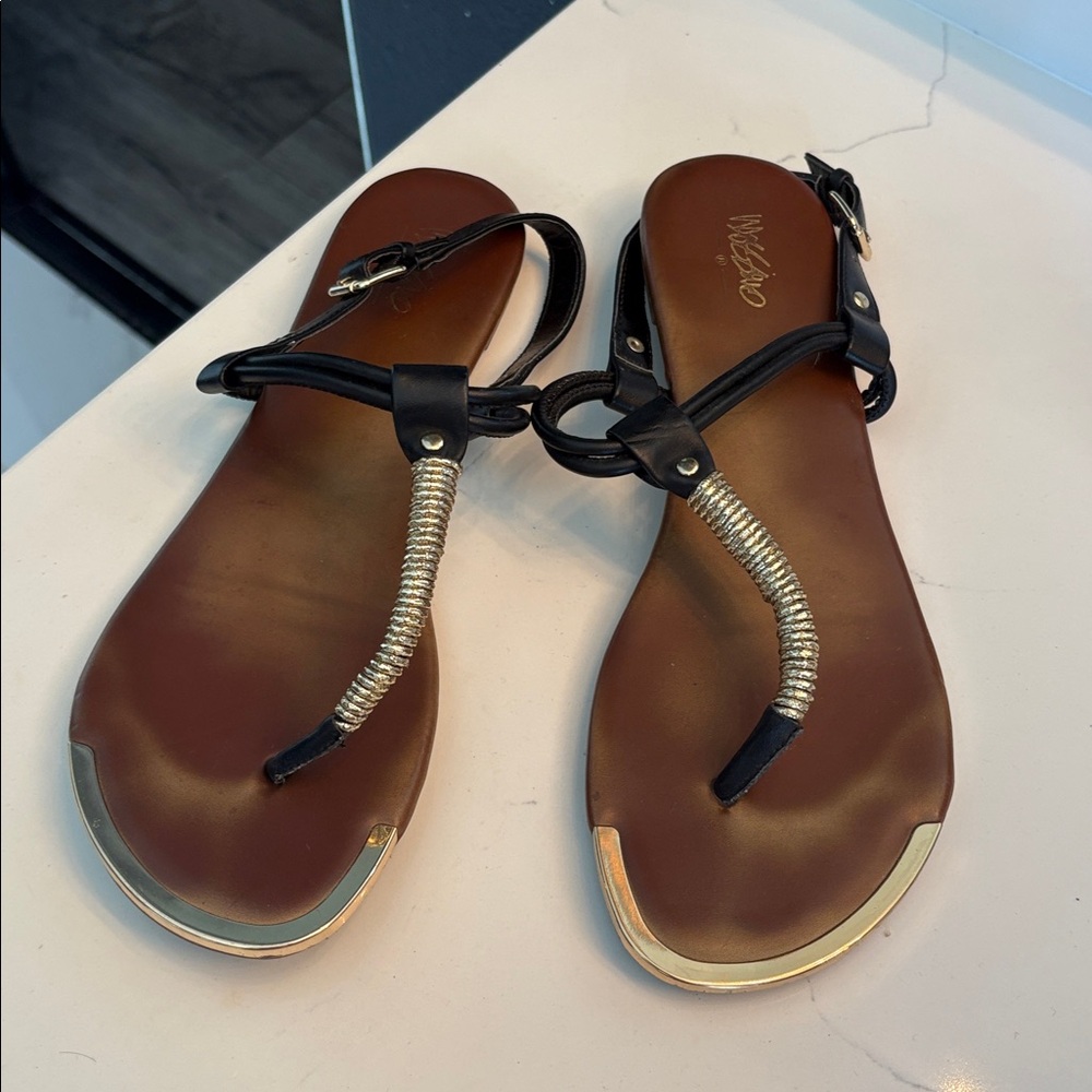 Cute beach, outerwear Black Brown Sandals with Gold Accents